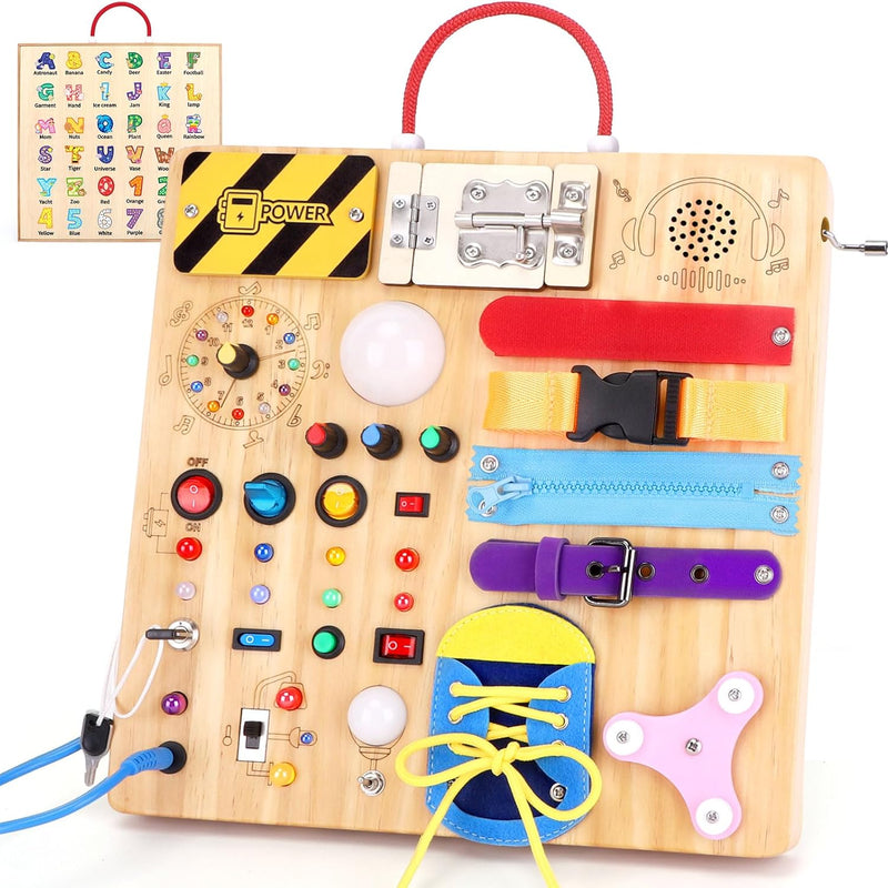 Montessori Wooden Busy Board with 8 LED Light Switches and Sensory Toys for 1+ Year Old Babies