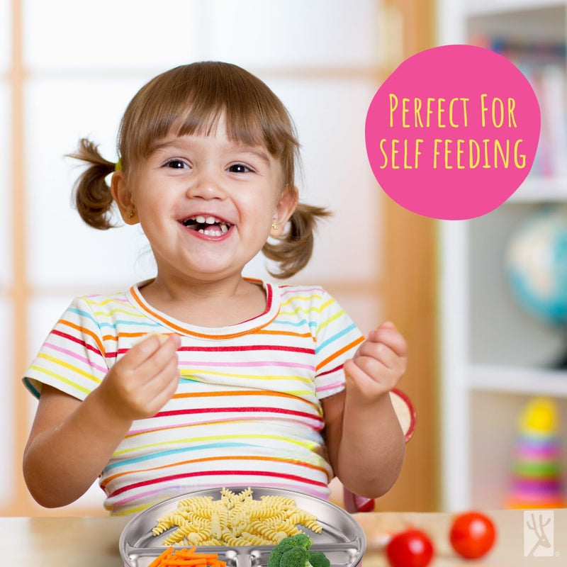 Elk and Friends Kids Stainless Steel Divided Plates with Silicone Suction Sleeves | Lids Included | Suitable for Babies/Toddlers | Dishwasher Safe | Stay Put Dinnerware | Snack Dishes | 4 Pack
