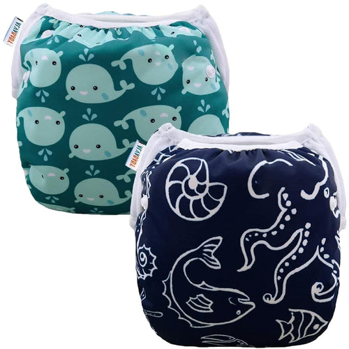 ALVABABY Swim Diapers 2pcs Reusable Baby Boy Swim Diaper 0-8 Months Adjustable Snap Washable Infant Toddler Swimming Diaper for Pool Beach & Swim Lessons – Waterproof PUL Leak-Proof UPF 30+ Small Size