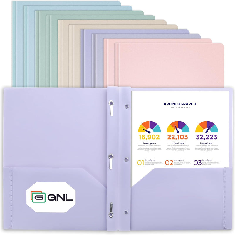 GNL Plastic Folders with Pockets and Prong, Pack of 5, Muted Pastel Colors, Heavy Duty 2 Pocket File Folders Letter Size, Folders with Prongs for School, Home, and Office