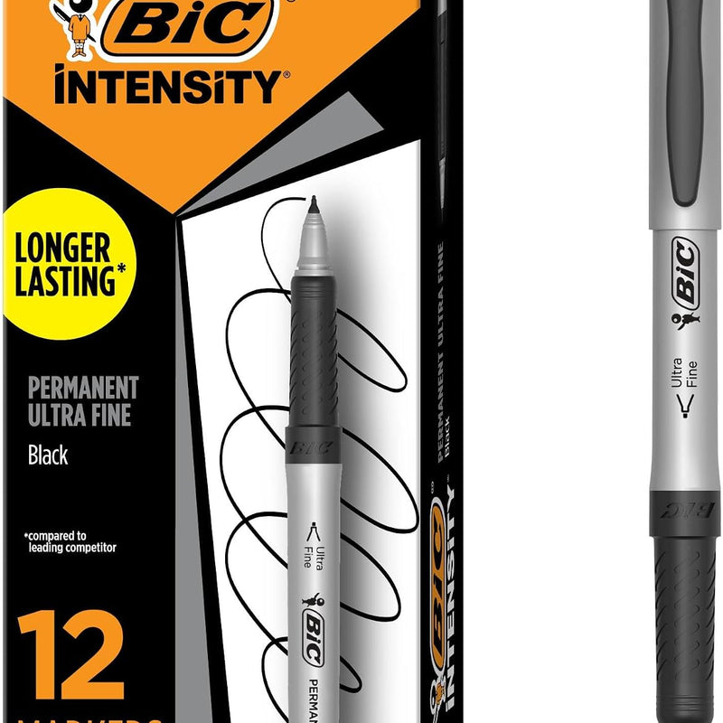 BIC Intensity Retractable Permanent Markers, Fine Bullet Tip, Black, 12-Count Pack, Permanent Markers for Teachers and Office Supplies