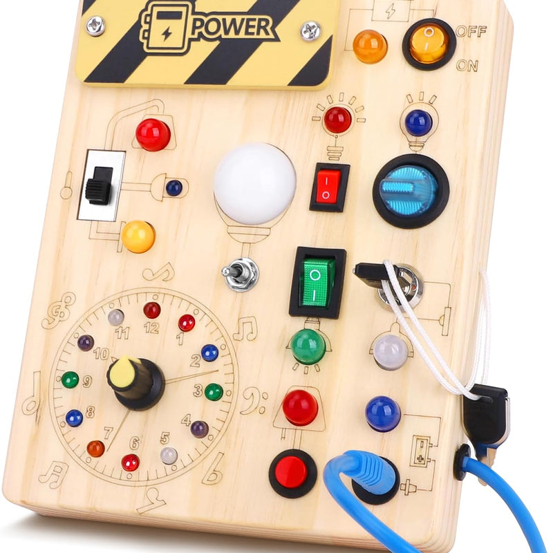 Montessori Wooden Busy Board with 8 LED Light Switches and Sensory Toys for 1+ Year Old Babies
