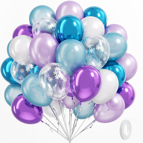 BAUANOOY 60pcs 12 inch Frozen Balloons Purple Blue Snowflake Confetti Party Supplies
