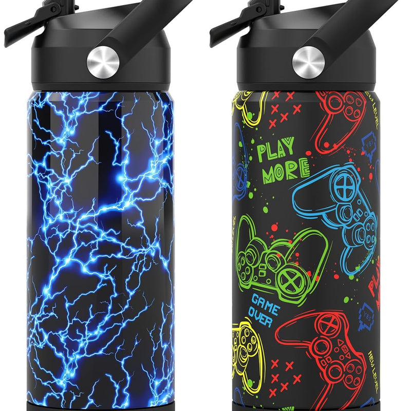 Boys Water Bottle with Straw,18 oz Kids Insulated Cups with Stainless Steel Leak Proof for School,Sport&Travel（Lightning）