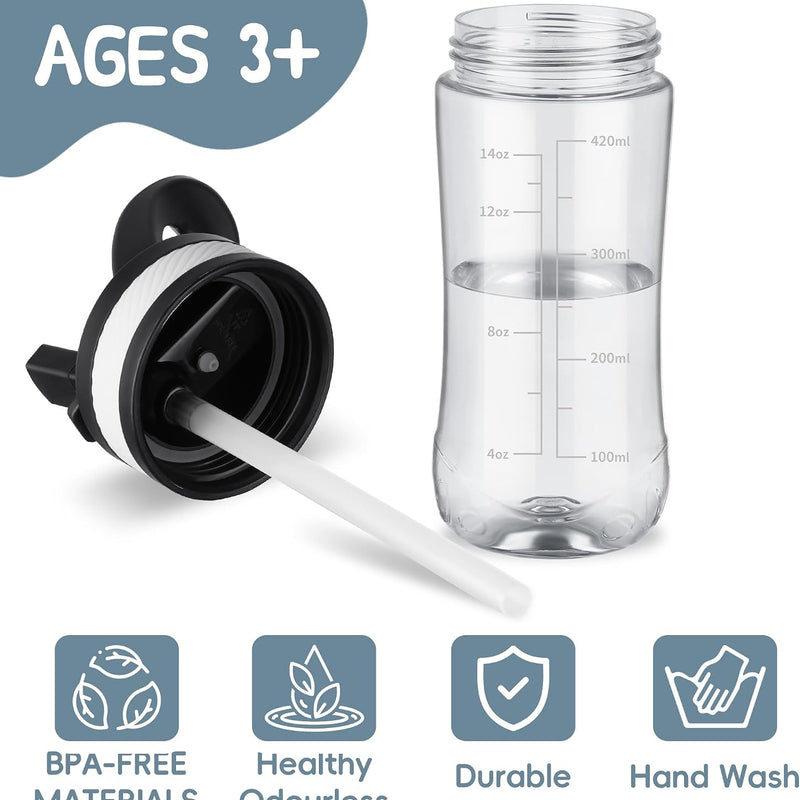 14oz Clear Kids Water Bottle with Straw Lid, BPA-Free Tritan, Measurement Scale, Sturdy Handle Wide Mouth Leak-proof Reusable Plastic Bottle for Boy& Girls, Back to School（Clear）
