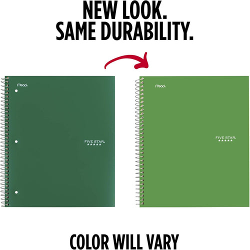 Five Star Spiral Notebook + Study App, 3 Subject, Wide Ruled Paper, 8" x 10-1/2", 150 Sheets, Fights Ink Bleed, Water Resistant Cover, Forest Green (73176)