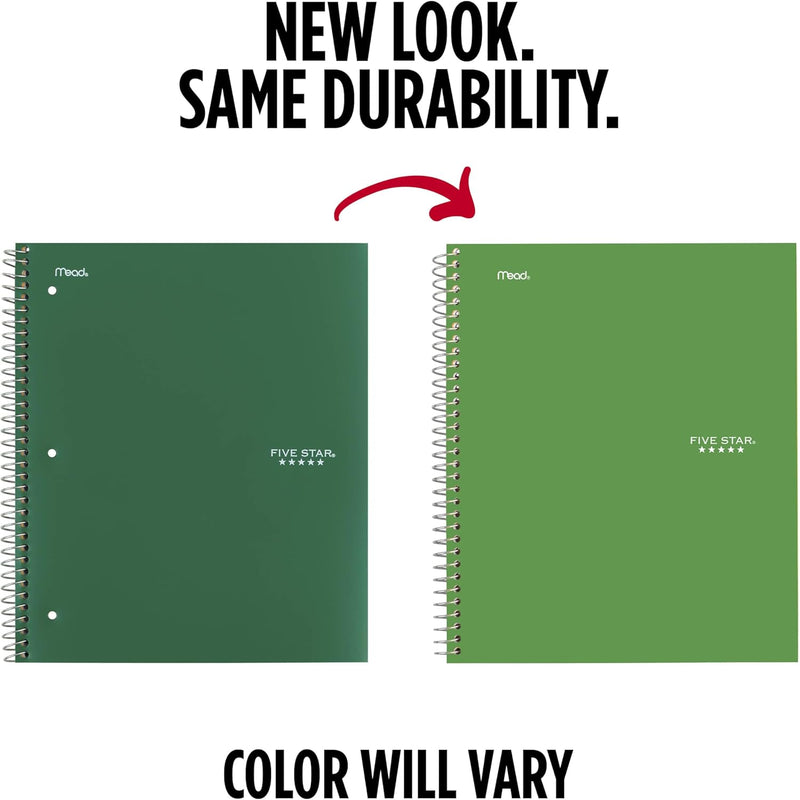 Five Star Spiral Notebook + Study App, 3 Subject, Wide Ruled Paper, 8" x 10-1/2", 150 Sheets, Fights Ink Bleed, Water Resistant Cover, Forest Green (73176)