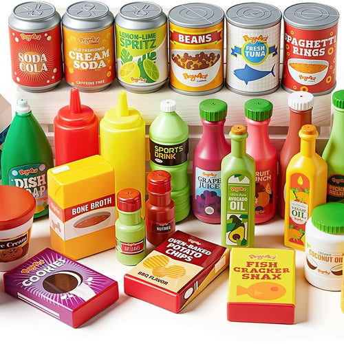 JOYIN 30Pcs Play Food Grocery Cans, Play Kitchen Accessories, Includes Drink, Juice, Jar, Seasoning, Water Bottle, Sauce, Yogurt, Ice Cream, Snack Box, Kids Gifts & Indoor Toys