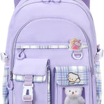 PRLINJSK Girls Backpack，Cute School Backpack for Girls Kids Teens，Kawaii Bookbag for Primary Elementary，Purple