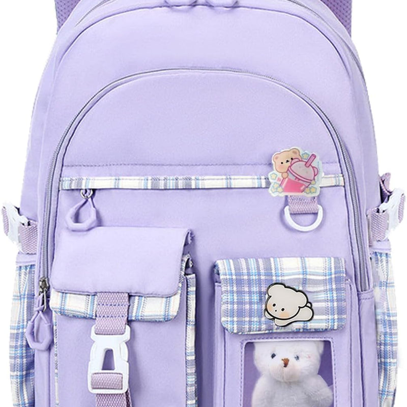 PRLINJSK Girls Backpack，Cute School Backpack for Girls Kids Teens，Kawaii Bookbag for Primary Elementary，Purple