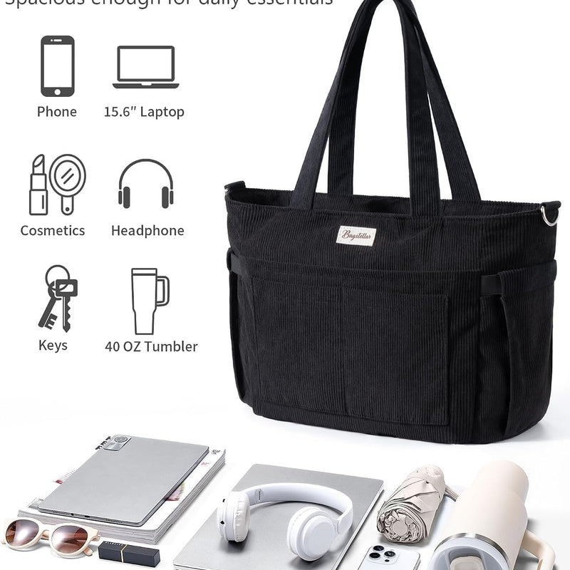 Bagstellar Corduroy Tote Bag for Women, 17 Pockets Laptop Work Tote Purse | Large 15.6” Computer Bag w/ 40oz Cup Holder & Strap, Zipper Teacher Nurse Bible Shoulder Bag for School Travel College Office