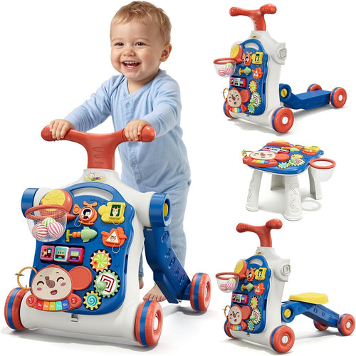 HYES 5 in 1 Baby Push Walker for Baby Boy, Blue | Activity Center Learning to Walk, Sit to Stand, Early Learning Push Toys for Infant, Walking Toys Gift for Toddler Boys