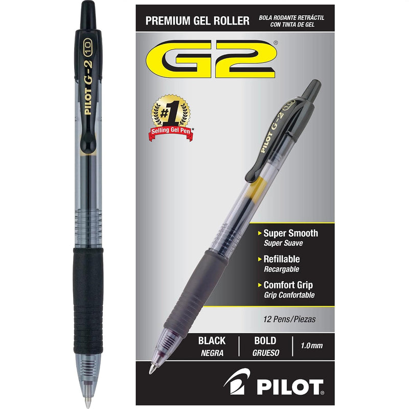Pilot G2 Premium Refillable & Retractable Rolling Ball Gel Pens, Bold Point, Bold Gel Pens, 1.0mm, Black Ink, 12-Pack