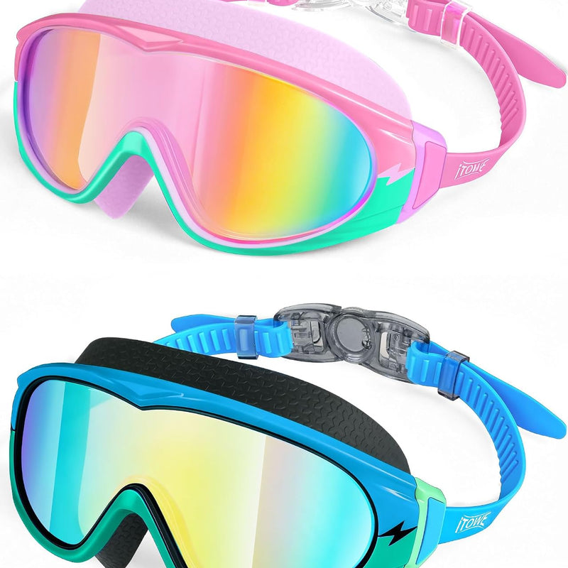 2 Pack Wide View Swimming Goggles, No Leaking Kids Swim Goggles with Anti-Fog/UV HD View Kids Goggles Boys Girls 5-15