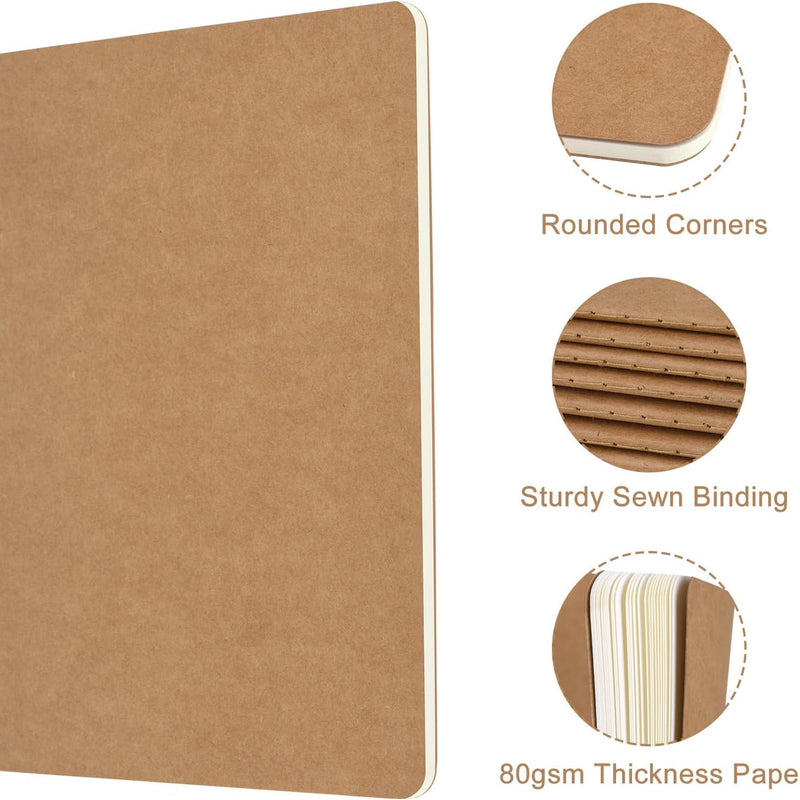 ZCZN 5 Pack A5 Kraft Notebooks Bulk, 8.15x5.5 Inches Lined Paper Journaling Notebooks, Notebooks for Work, Composition Notebooks for School, Journal Notebooks for Office, 60 Pages