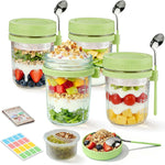 Overnight Oats Containers with Lids and Spoons - 4 Pack 16 oz Glass Mason Jars with Separate Compartments Airtight Overnight Oat Jars Leakproof Yogurt Parfait Cup for Oatmeal Chia Pudding Cereal Salad