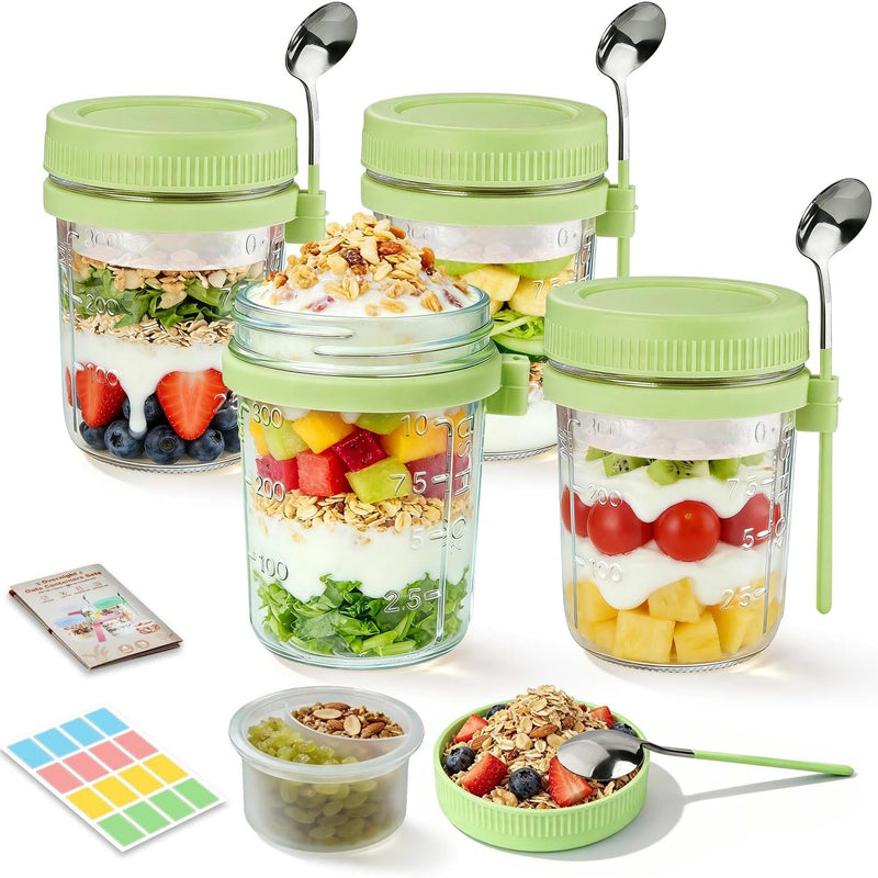 Overnight Oats Containers with Lids and Spoons - 4 Pack 16 oz Glass Mason Jars with Separate Compartments Airtight Overnight Oat Jars Leakproof Yogurt Parfait Cup for Oatmeal Chia Pudding Cereal Salad