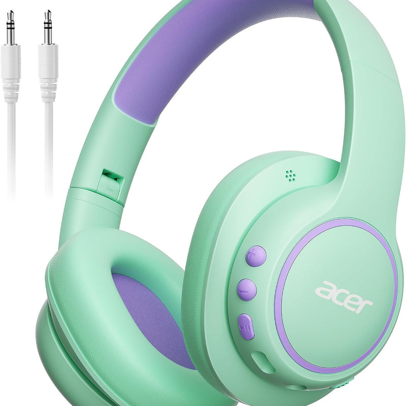 Acer OHR702 Kids Bluetooth Headphones for School with Built-in Mic,Over-Ear | 75H Playtime, Bluetooth 6.0, 3.5mm Jack Aux Cord, 85dBA Safe Volume, USB-C Fast Charging, for iPad/Travel/Tablet- Blue Green