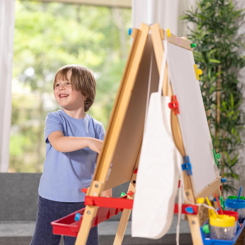melissa & doug deluxe wooden art easel for kids with dry-erase board chalkboard & drawing paper roller folding double-sided toddler easel