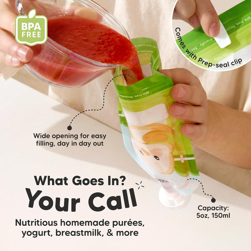 12-Pack Reusable Baby Food Pouches Refillable, 5oz, BPA-Free (Little Zoo) | Dishwasher-safe, Freezer-safe Reusable Pouches for Toddlers, Kids Squeezable Yogurt, Apple Sauce, Baby Fruit Puree Container