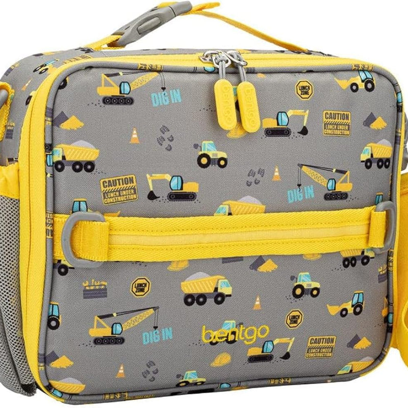 Bentgo Kids Lunch Bag - Durable, Double-Insulated Lunch Bag for Kids 3+; Holds Lunch Box, Water Bottle, & Snacks; Easy-Clean Water-Resistant Fabric & Multiple Zippered Pockets (Construction Trucks)
