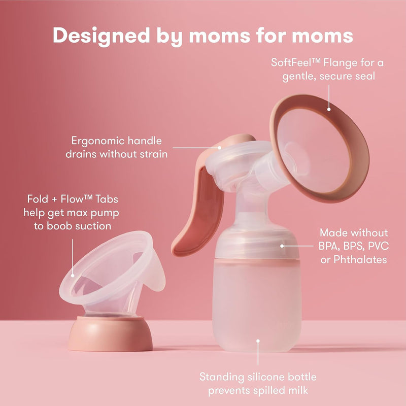 Frida Mom 2-in-1 Breast Pump, Manual Hand & Hands-Free Suction Cup | Dual-Mode Wireless Milk Collector, Ergonomic Handle, SoftFeel Flange for Breastfeeding Comfort