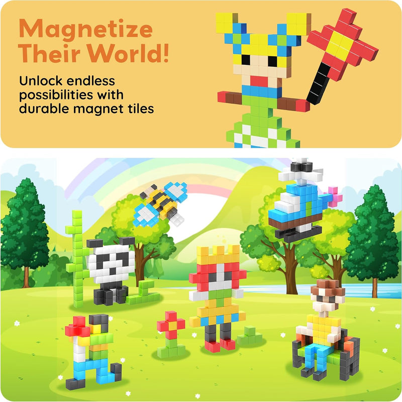 PicassoTiles 108pcs 1” Magnetic Puzzle Cubes Magnet Toys Preschool Construction Building Block Set Sensory Toy Early Education STEM Learning Come with Ideabook for Children Age 3+ Boy Girl PMC108