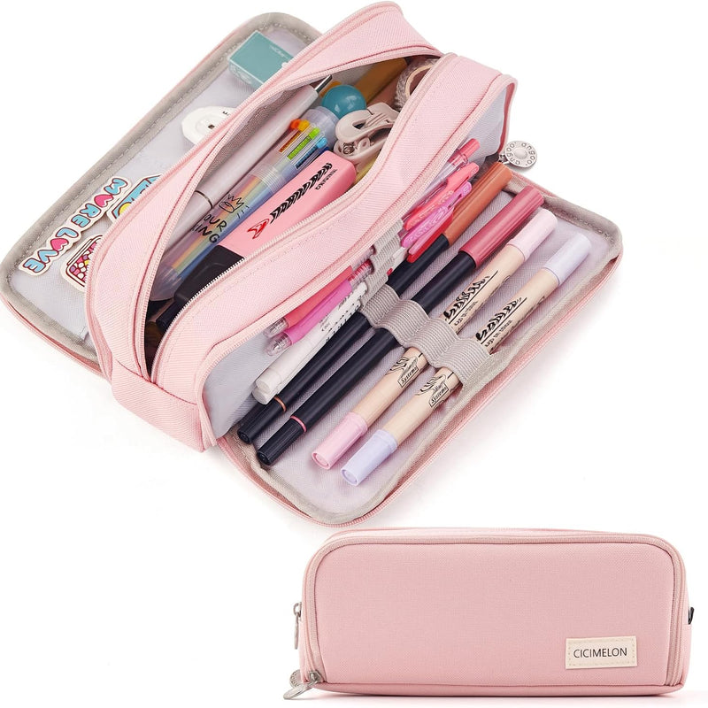 CICIMELON Large Capacity Pencil Case 3 Compartment Pouch Pen Bag for School Teen Girl Boy Men Women (Pink)