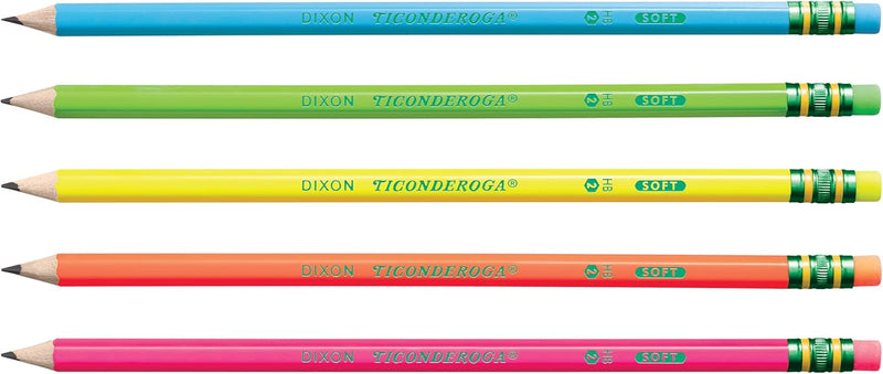 Ticonderoga Wood-Cased Pencils, Pre-Sharpened, #2 HB Soft, Neon Colors, 18 Count