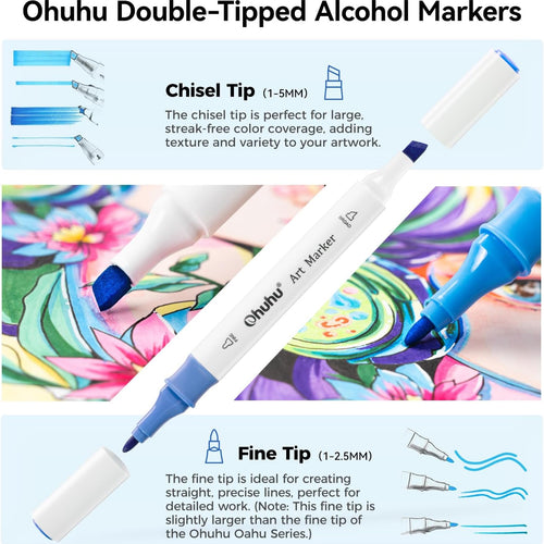 Ohuhu Alcohol Markers for Beginners 48 Colors Fine& Chisel Great Value Pack | Dual Tips Alcohol-based Art Marker for Adult Coloring Illustration Drawing with Colorless Blender Storage Case
