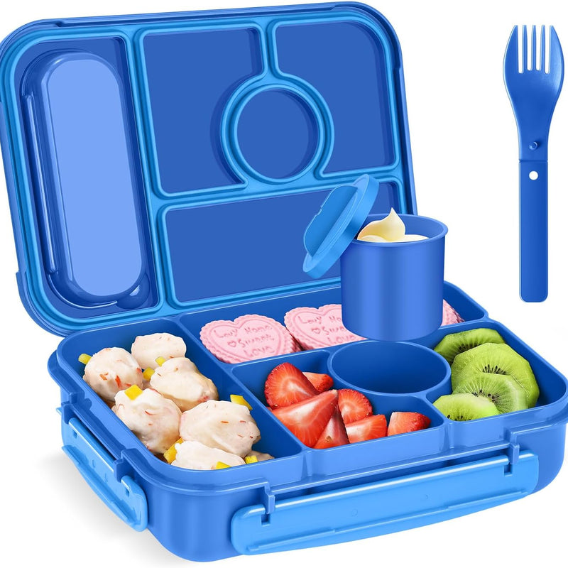 Amathley Bento Box Adult Lunch Box Kids,Lunch Containers for Adults/Kids/Toddler,5 Compartments Bento Lunch Box with Sauce Vontainers,Microwave & Dishwasher & Freezer Safe,BPA-Free (Blue)