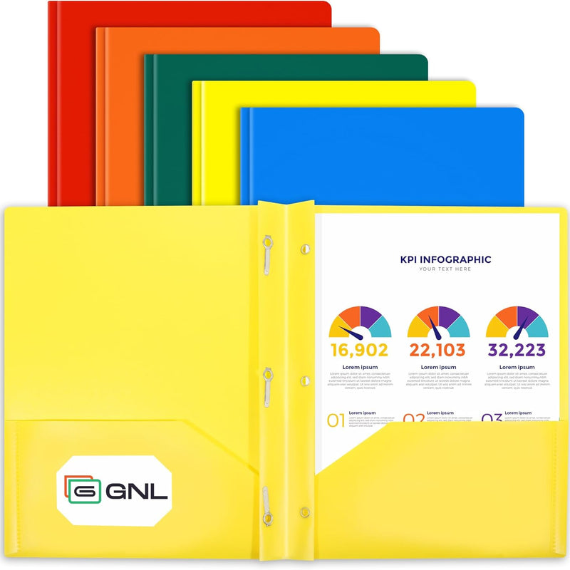 GNL Plastic Folders with Pockets and Prong, Pack of 5, Muted Pastel Colors, Heavy Duty 2 Pocket File Folders Letter Size, Folders with Prongs for School, Home, and Office