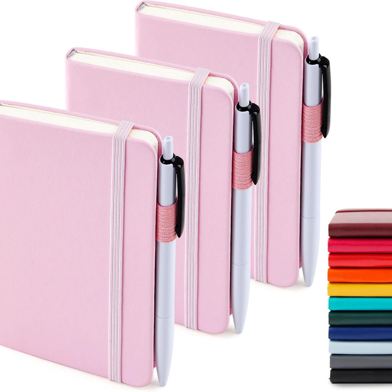 feela 3 Pack Pocket Small Notebook Journals, Mini Cute Hardcover College Ruled Notepad Women Office Supplies, with 3 Black Pens, 3.5”x 5.5”, A6, Pastel Colors, Light Blue, Light Purple, Light Green