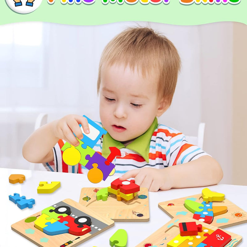 Yetonamr wooden toddler puzzles, 6 vehicle shape montessori toys for 1-3 year old boys and girls, high-quality and safe