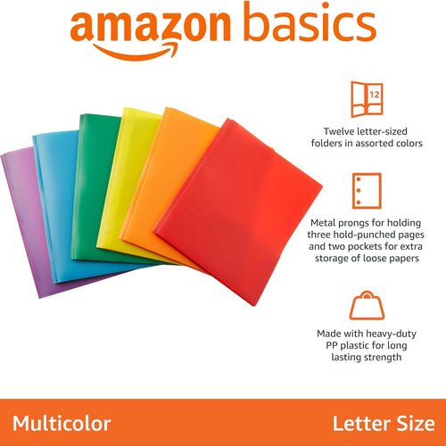 Amazon Basics Heavy Duty Plastic Folders with 2 Pockets for Documents, Letter Size Paper, School Supplies Organization, Assorted Colors, Pack of 12