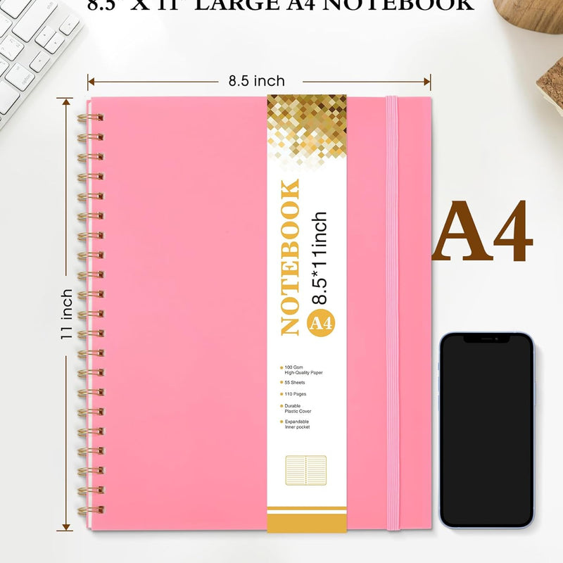 Spiral Notebook Journal 8.5” x 11”, A4 Large Pink Notebooks for Women Men, College Ruled Lined Journal, 100 GSM Paper, Plastic Hardcover Spiral Bound Journals for Work School Note Taking Business
