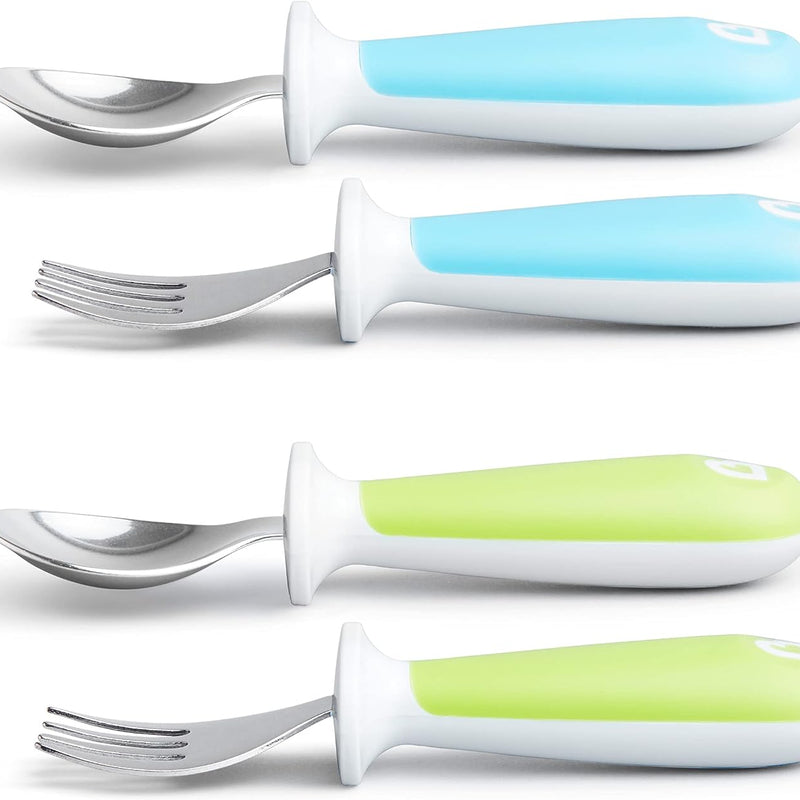 Munchkin® Raise™ Toddler Fork and Spoon Utensil Set, Rest Keeps Tip Off Table, BPA Free, 4 Pack, Blue/Green