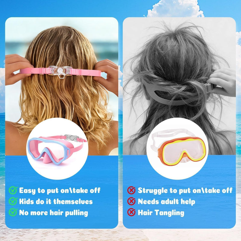 COOLOO 2 Packs Kids Goggles with Nose Cover, 180° Wide View Swimming Goggles for Kids 4-16, No More Hair Snags Anti-Fog No-Leak Snorkel Mask for Boys Girls Youth