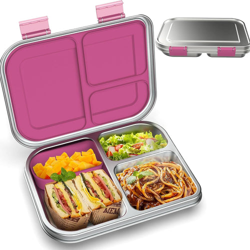 BOSEDSANG Stainless Steel Kids Leak-Resistant Bento Lunch Box, 3-Compartments with Silicone Container, Dishwasher-Safe, Child-Friendly Design for School, Picnics & Travel,BPA-Free(Pink)