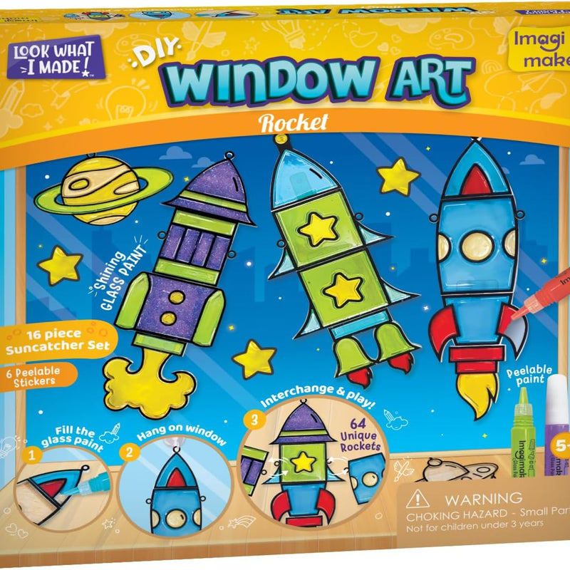 Imagimake Window Art - Rocket, DIY Mess-Free 16 Pieces Suncatcher Kit | Stained Glass Painting Craft Activity for Kids, Birthday Gift for Boys & Girls Ages 5,6,7,8,9,10,12 Years Old