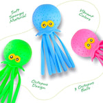 ArtCreativity octopus water balls, 3-pack, non-toxic durable rubber, bright blue green pink, 7.5" tall, 2.5" wide, 1-3 years, bath toys for kids