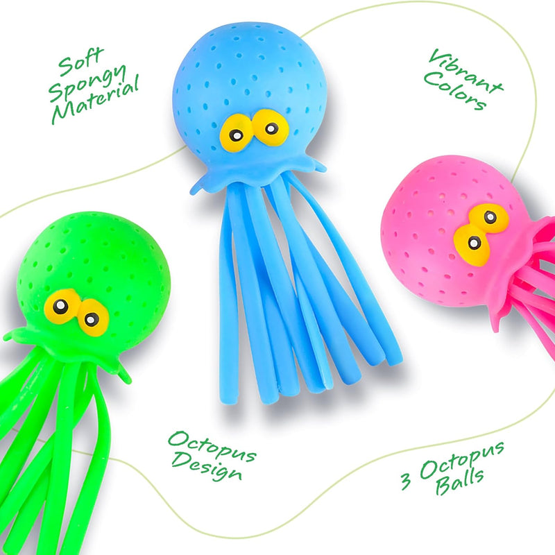 ArtCreativity octopus water balls, 3-pack, non-toxic durable rubber, bright blue green pink, 7.5" tall, 2.5" wide, 1-3 years, bath toys for kids