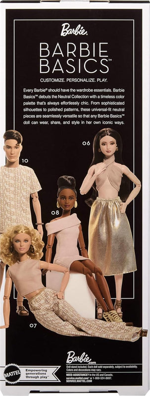 Barbie Basics Model Collector Fashion Doll 06 with Brunette Hair, Shimmery Golden Skirt & Halter, Universal-fit Fashions, Posable Body