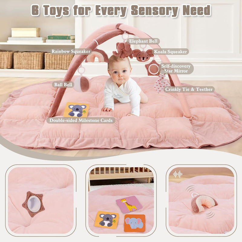 5-in-1 Plush Baby Play Gym, Baby Play Mats, Convertible Baby Gym, Tummy time mat, 6 Sensory Toys, Activity Center, Ball Pit, Pink