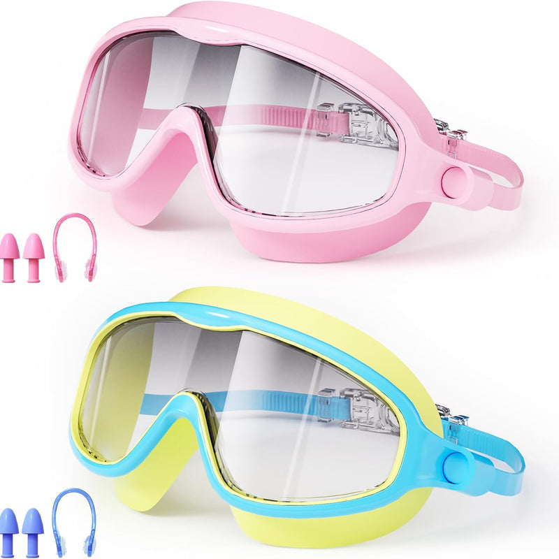 Swim Goggles for Kids 3-15 with Earplugs Large Frame Anti-Fog/UV Swimming Goggles for Boys Girls Toddler 2PCS