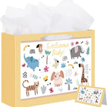 woric 14.5" Baby Gift Bag for Baby Shower Boys Girls Birthday Party | Include Tissue Paper and Greeting Cards, Ribbon Handles, Cute Animals Design, for Baby Shower and Birthday Gifts