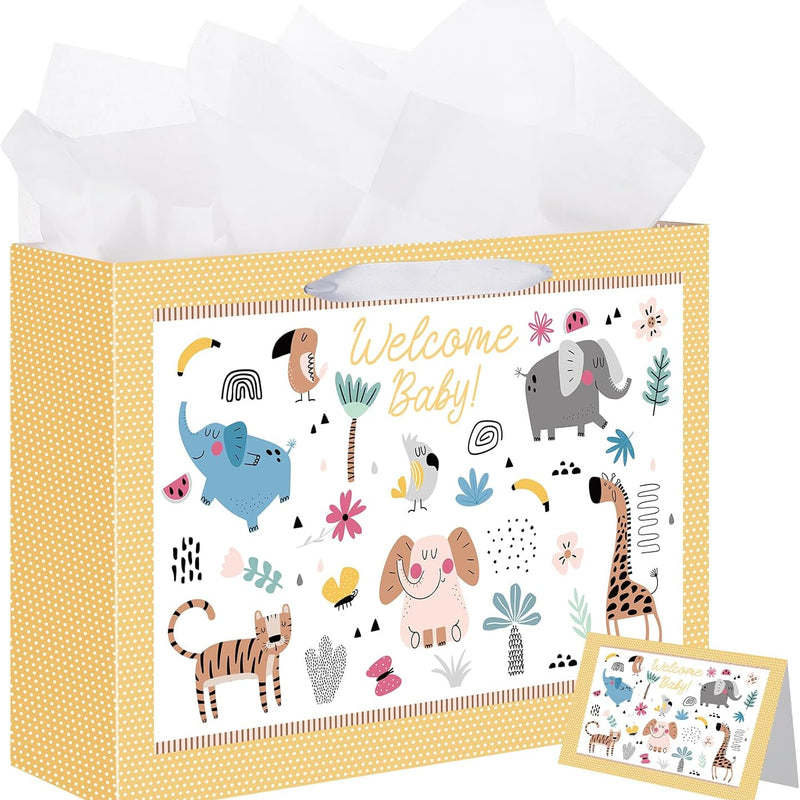 woric 14.5" Baby Gift Bag for Baby Shower Boys Girls Birthday Party | Include Tissue Paper and Greeting Cards, Ribbon Handles, Cute Animals Design, for Baby Shower and Birthday Gifts