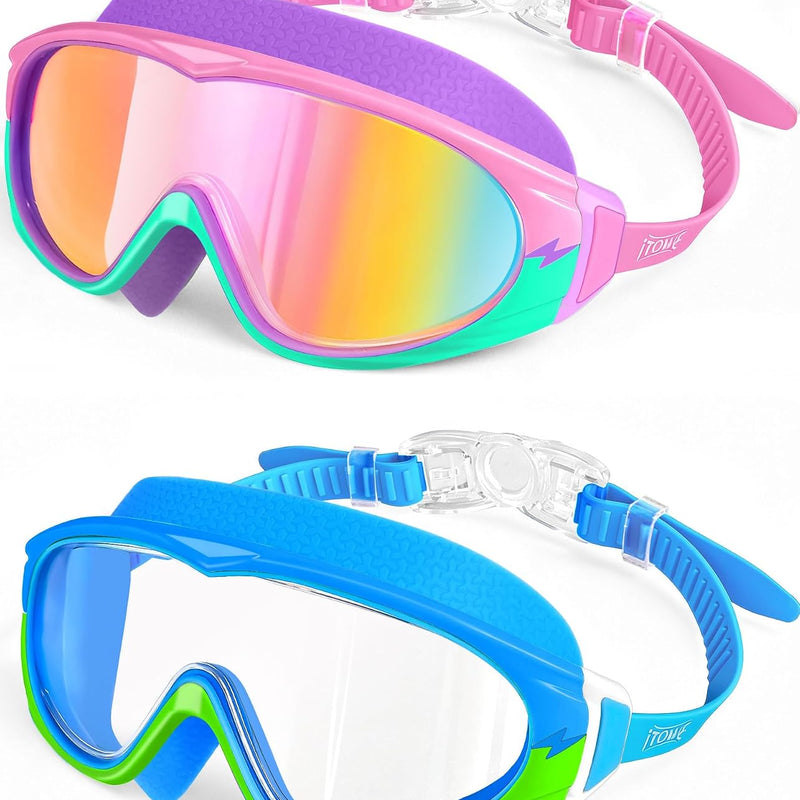2 Pack Wide View Swimming Goggles, No Leaking Kids Swim Goggles with Anti-Fog/UV HD View Kids Goggles Boys Girls 5-15