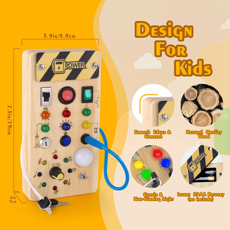 Montessori Wooden Busy Board with 8 LED Light Switches and Sensory Toys for 1+ Year Old Babies