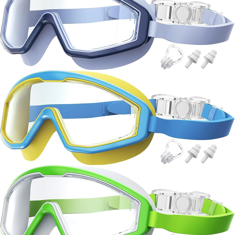 Kids Goggles Age 4-16, Anti-Fog UV 180°Clear View Kids Swim Goggles, 3 Pack Swimming Goggles Waterproof Pool Goggles
